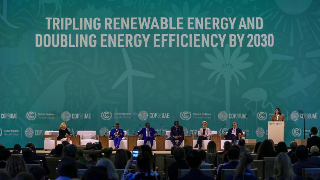 US Vice President Kamala Harris speaks during the Tripling Renewable Energy and Doubling Energy Efficiency by 2030 session at the COP28 United Nations climate summit in Dubai on December 2, 2023.