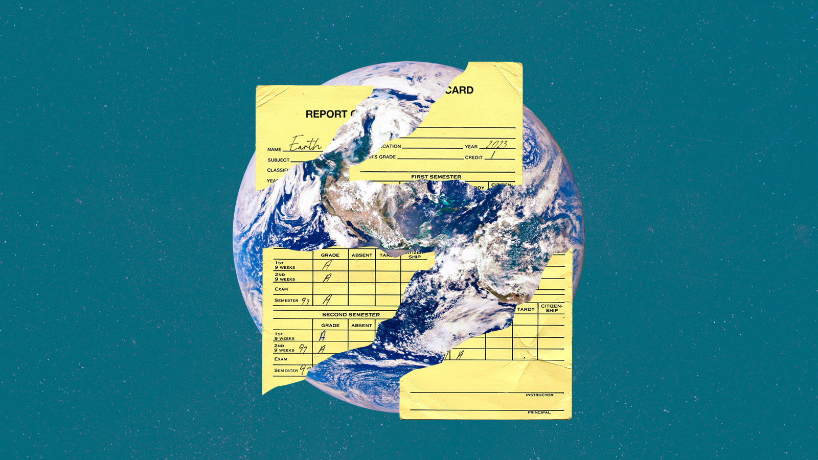Report card pieces on top of planet Earth