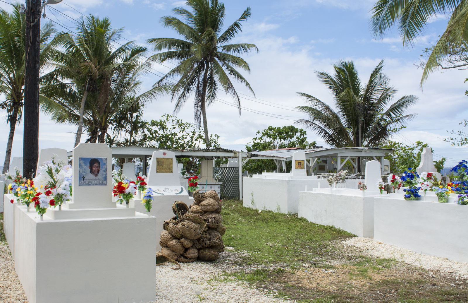 a cemetery with photos of people on the stones and palm trees in the background