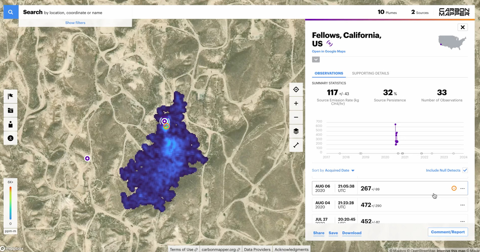 A screenshot of a methane gas plume in California