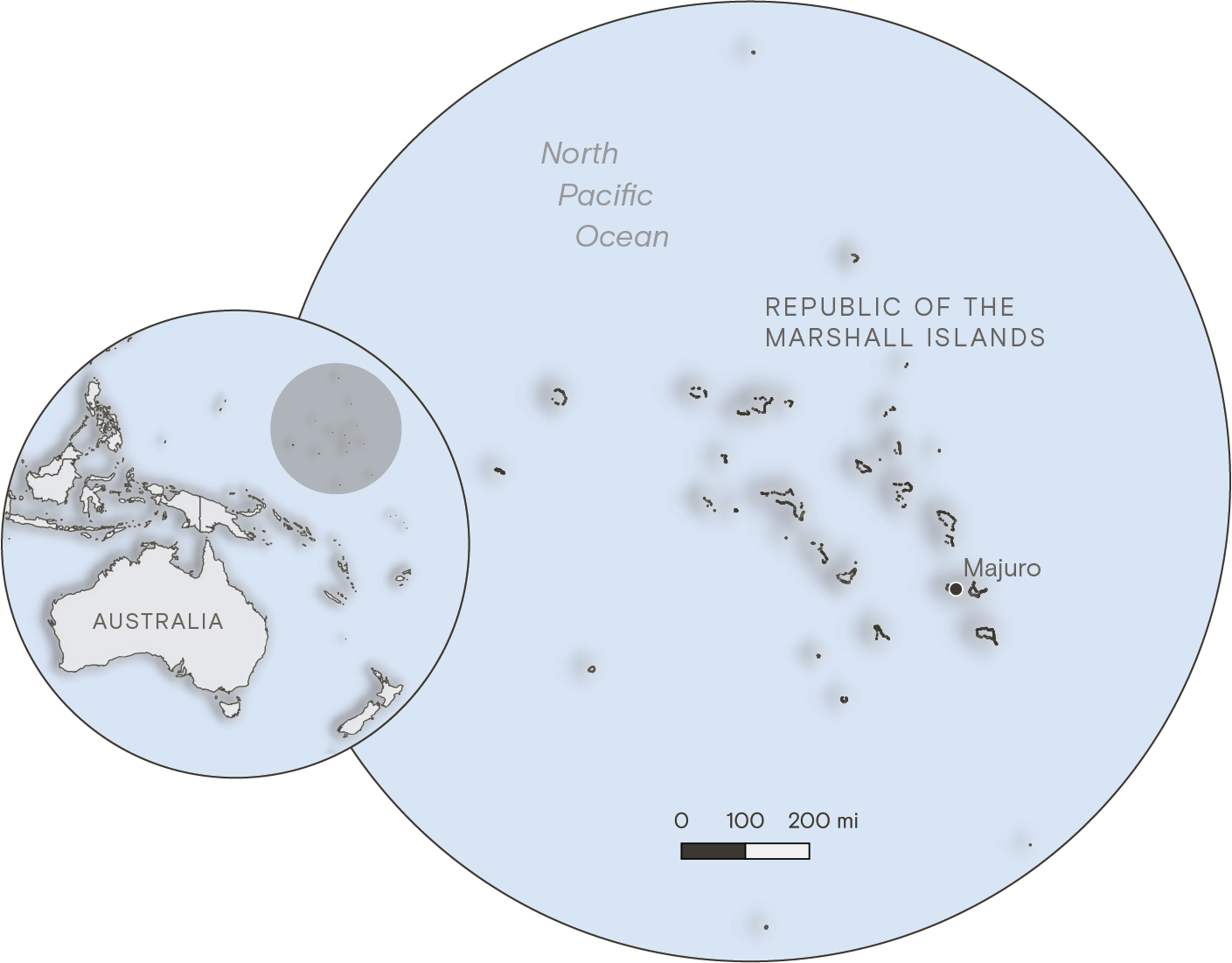 A locator map showing the Republic of the Marshall Islands. The archipelago of atolls appears northeast of Australia in the North Pacific Ocean.