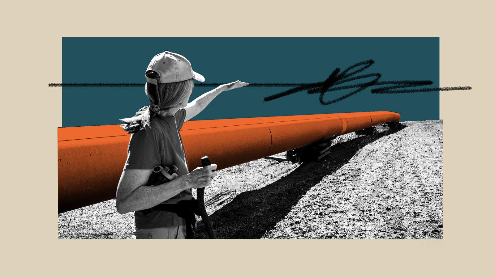 Collage of woman motioning toward a red pipeline extending into the distance