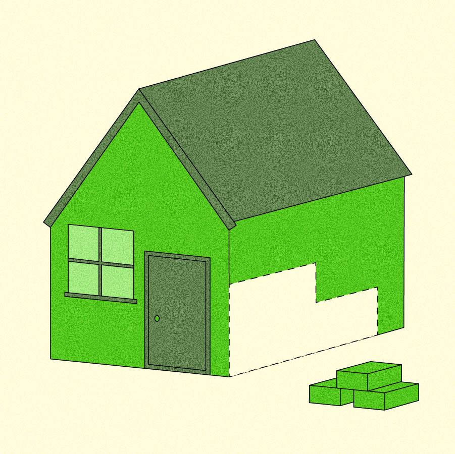 Illustration of house with part missing, outlined by a dotted line.  Three bricks are stacked next to it.