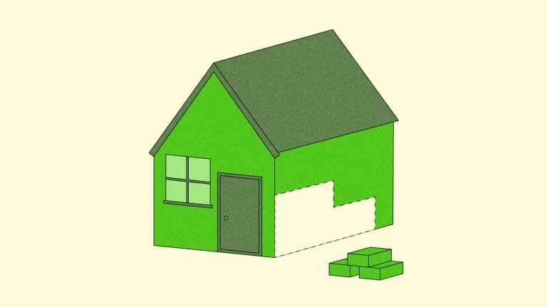 Illustration of house with section missing, outlined by a dashed line. Three bricks are piled next to it.