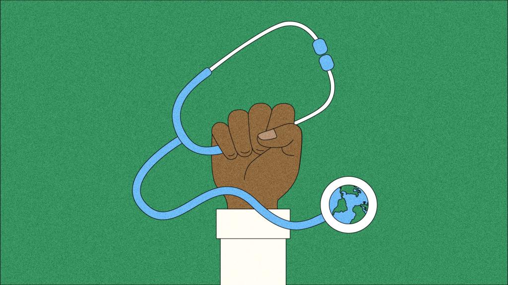 Illustration of raised fist holding stethoscope