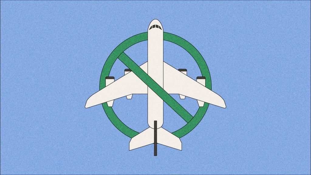 Illustration of plane with green strikethrough across it