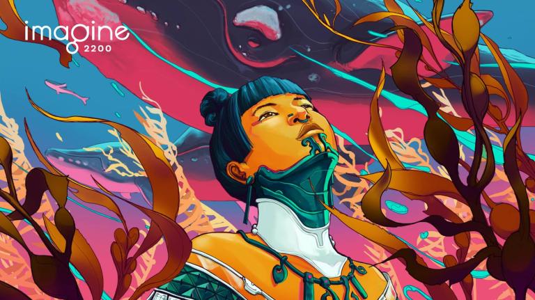 Abstract illustration of a person looking up amidst underwater plants, with whales in the background