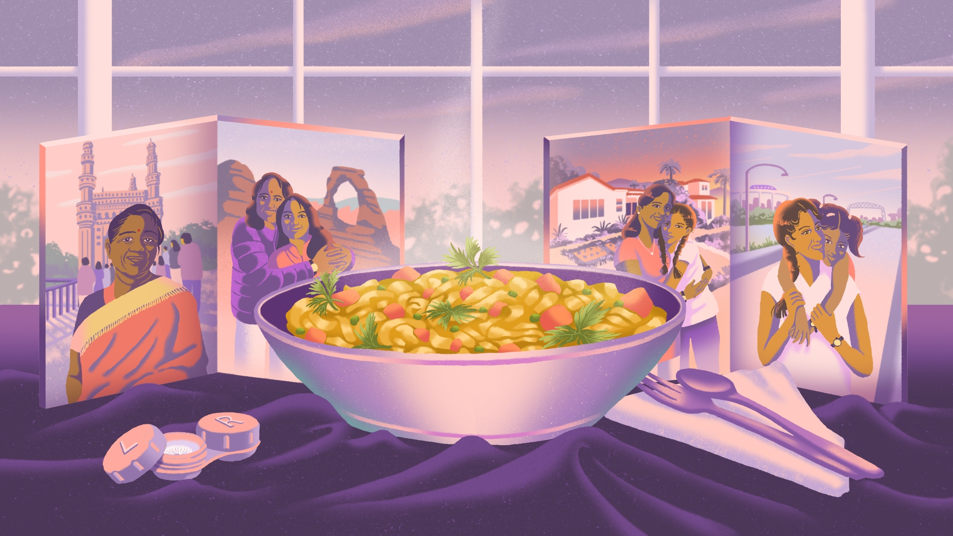 Illustration of a bowl of yellow cabbage curry on a purple table in front of family photographs depicting mothers and daughters