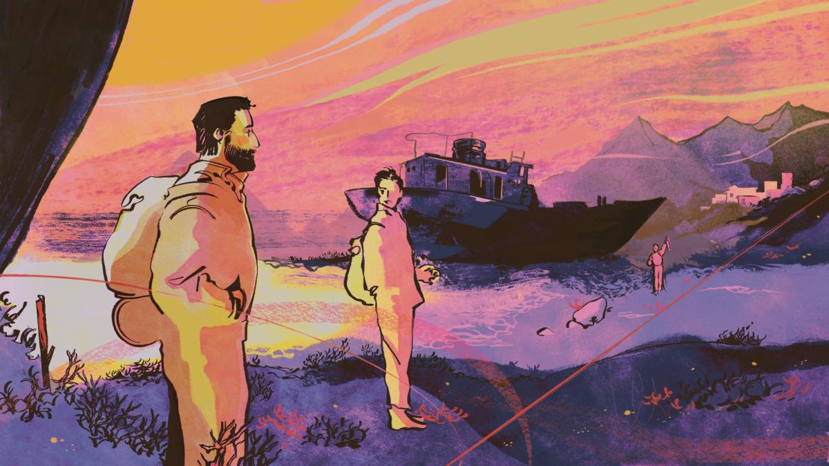 In an illustration, two people stand next to a body of water. A ship is beached in the background.