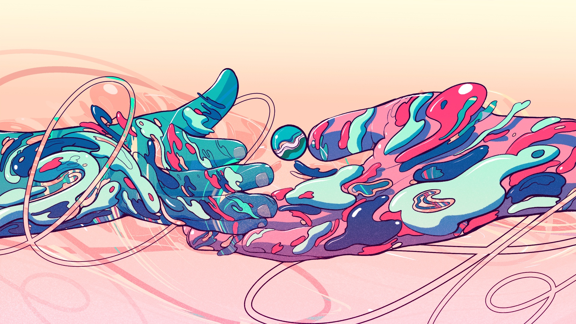 Abstract illustration of two hands made of swirling blue and pink colors, with a small blue and white marble suspended above them