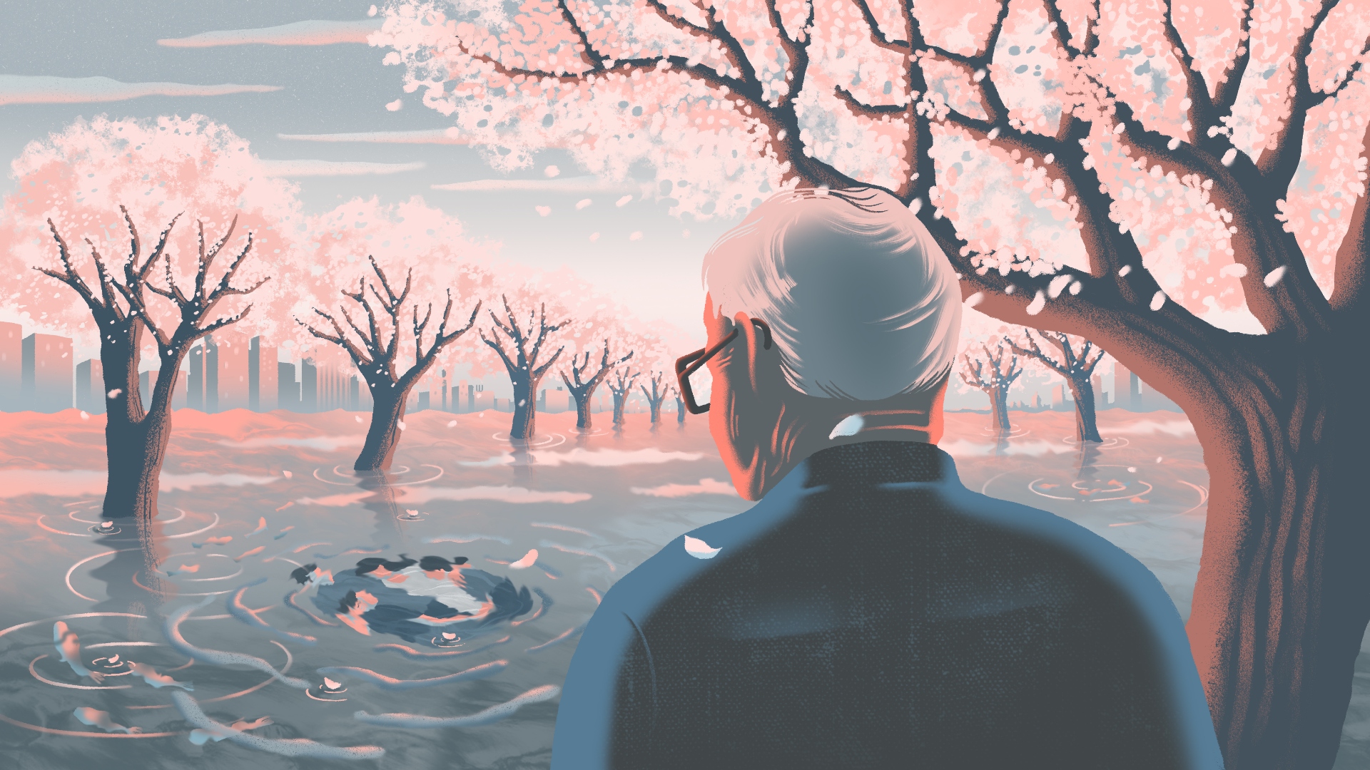 Illustration of an old man looking out at a flooded almond farm with pink almond blossoms falling around him. In the floodwaters a vision of a family is visible