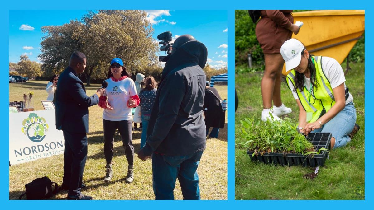 Two side-by-side images show a woman speaking to a news crew in a park, and crouched in the grass with a planter full of seedlings.