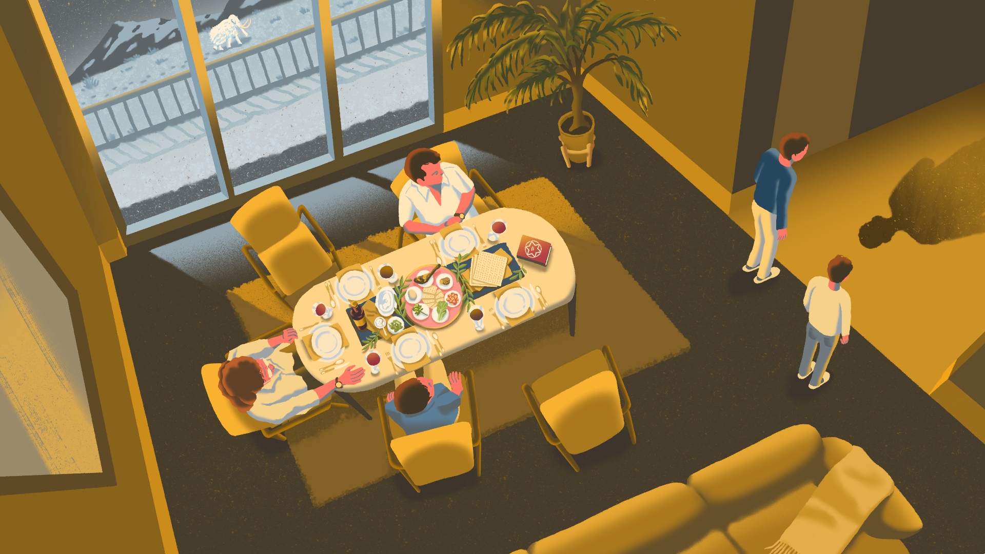 Illustration looking down on a table set for a traditional Passover seder with people seated around it. A shadow at the edge of the illustration indicates someone is about to enter the room.