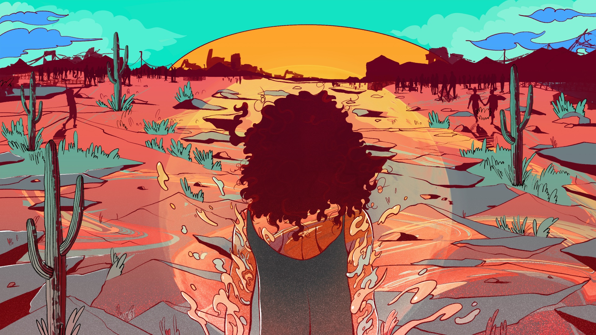 Illustration of a person with curly hair surrounded by a halo of swirling colors, looking out over a desert-scape
