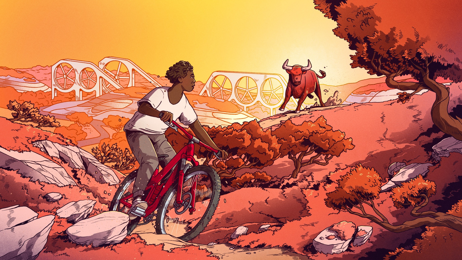 An illustration shows a boy on a bike escaping from a chasing bull. Wind turbines are visible in the background.
