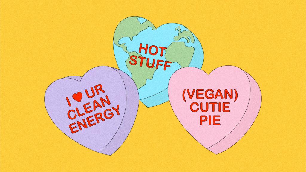 Illustration of candy hearts with climate-related messages — 