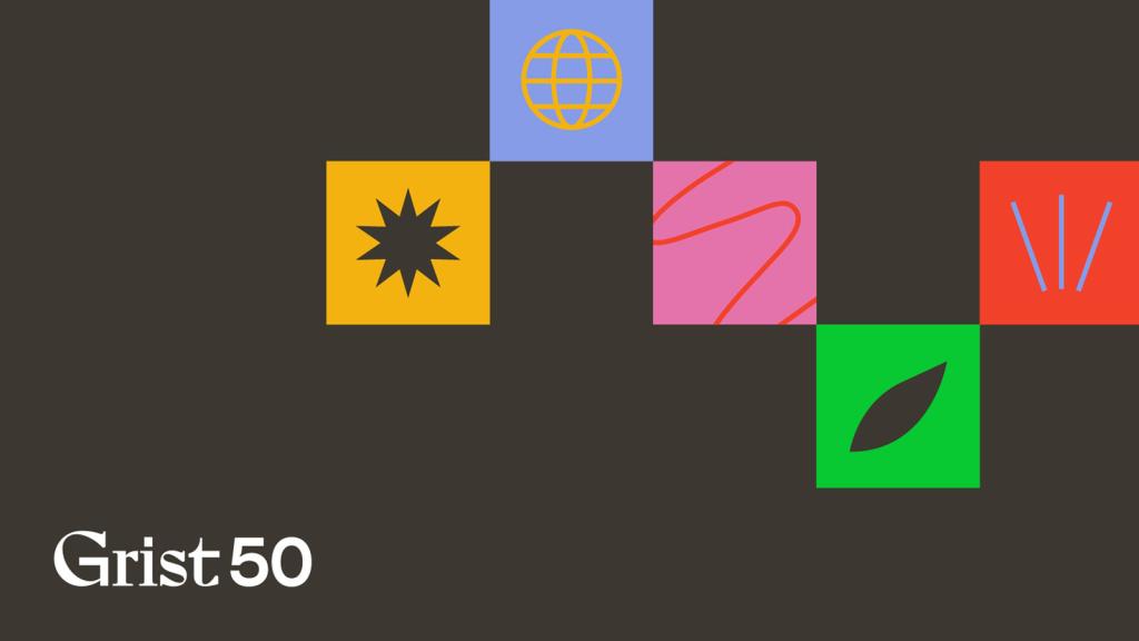 Five colorful squares in a checkerboard formation, each containing a different icon (a sun, globe, squiggle, leaf, and spark)