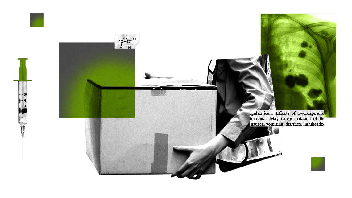 Collage featuring warehouse worker carrying cardboard box off-gassing ethylene oxide