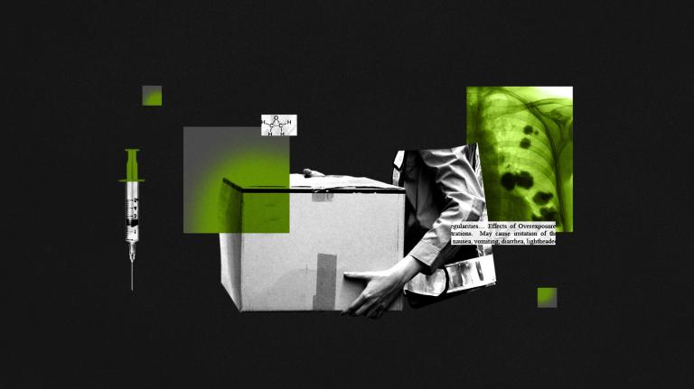 Collage featuring warehouse worker carrying cardboard box off-gassing ethylene oxide