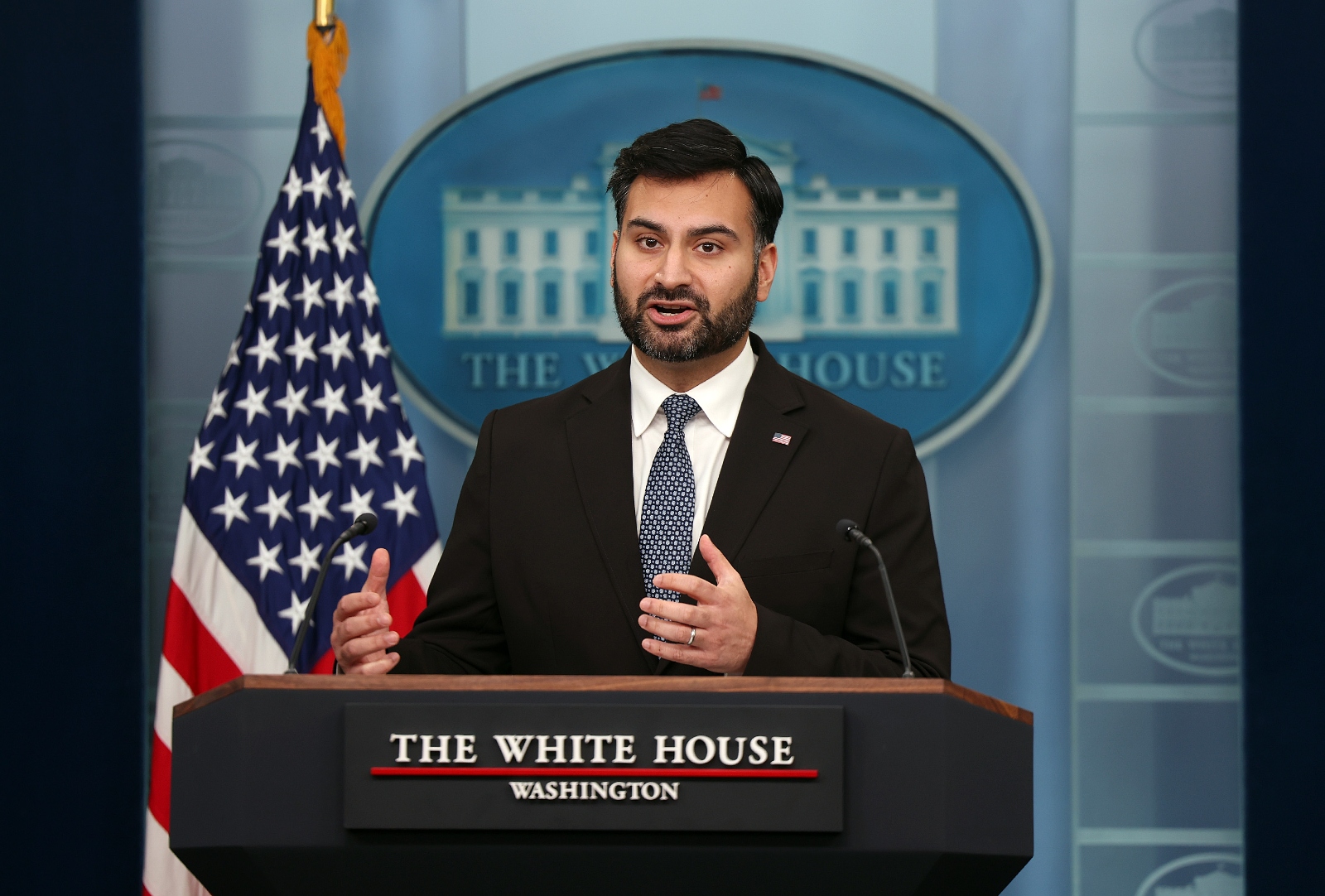 White House climate adviser Ali Zaidi speaks at a press briefing on January 26, 2024 in Washington, DC. Zaidi discussed Biden administration's decision to pause the permitting process for LNG exports.