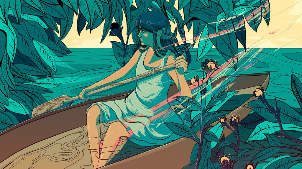 Illustration of a woman sitting in a canoe amid water and vegetation