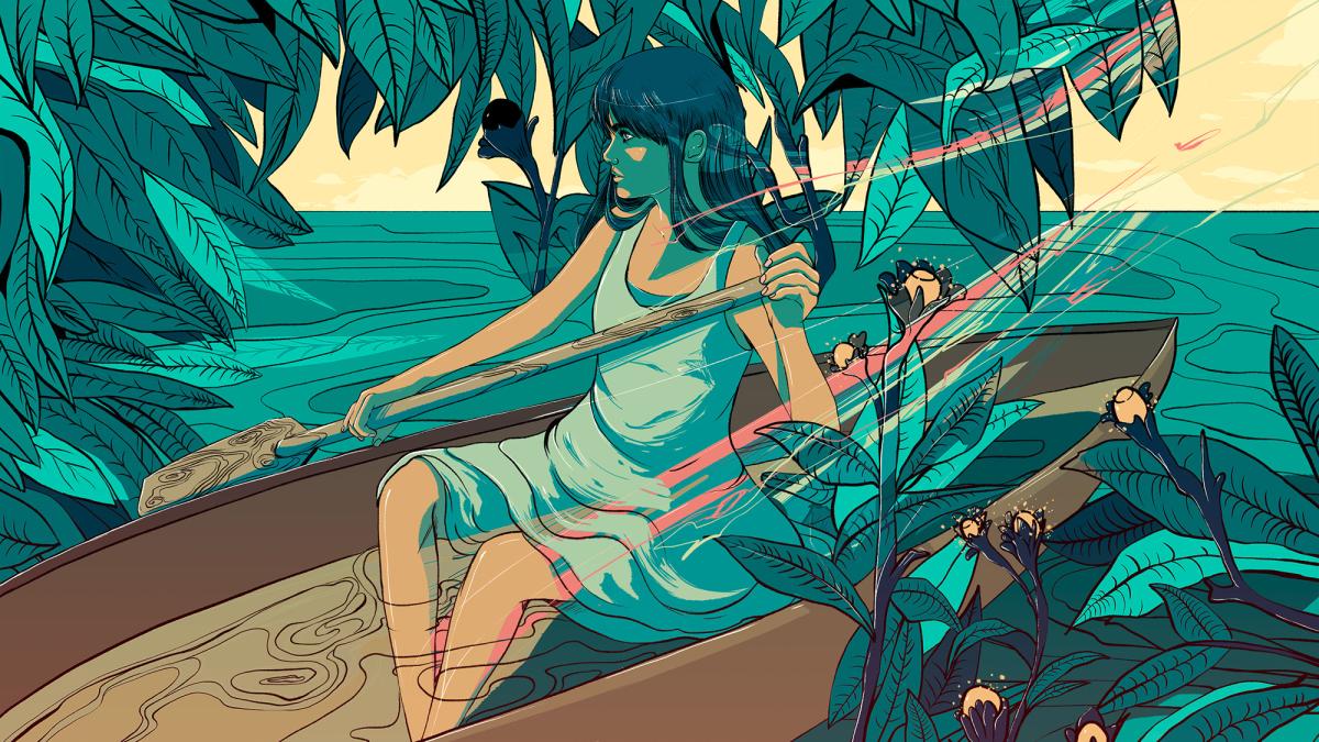 Illustration of a woman sitting in a canoe amid water and vegetation