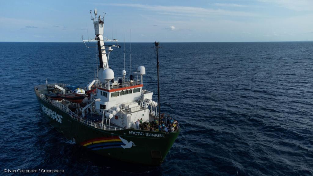 Greenpeace's Arctic Sunrise vessel sits on the water in Veracruz