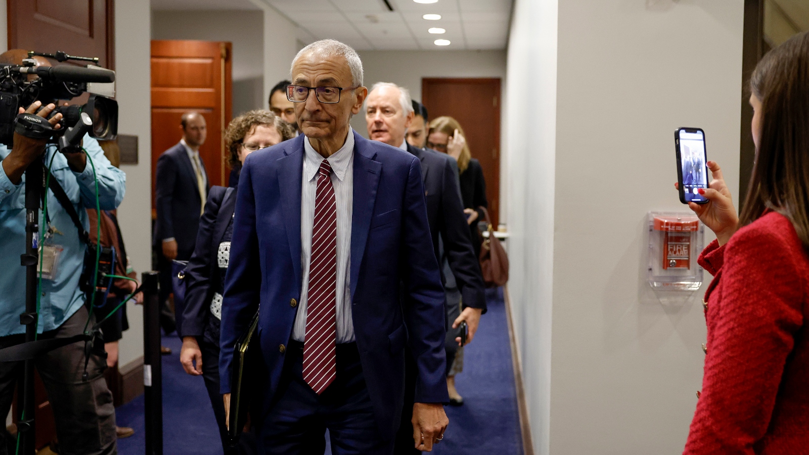 John Podesta, senior ddvisor to President Joe Biden, departs from a House Democrat caucus meeting at the Capitol in May 202.