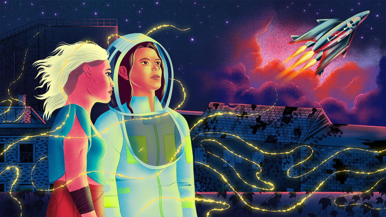 Illustration of two futuristic people looking at the night sky as a spaceship lifts off through the clouds