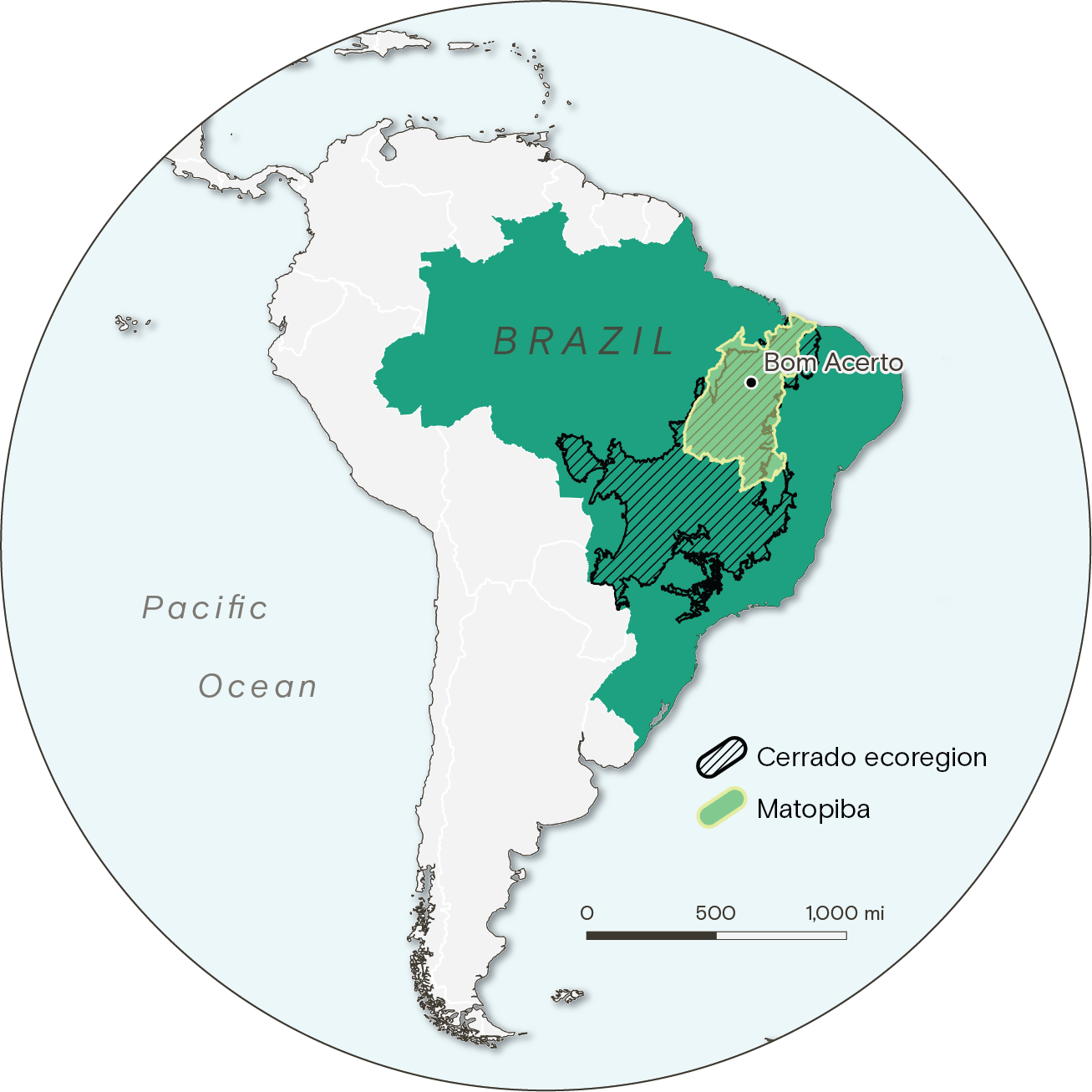 A map showing the Cerrado ecoregion and the Matopiba geopolitical region in northeastern Brazil. The settlement of Bom Acerto is highlighted; it is in the middle of the overlap between the two regions.