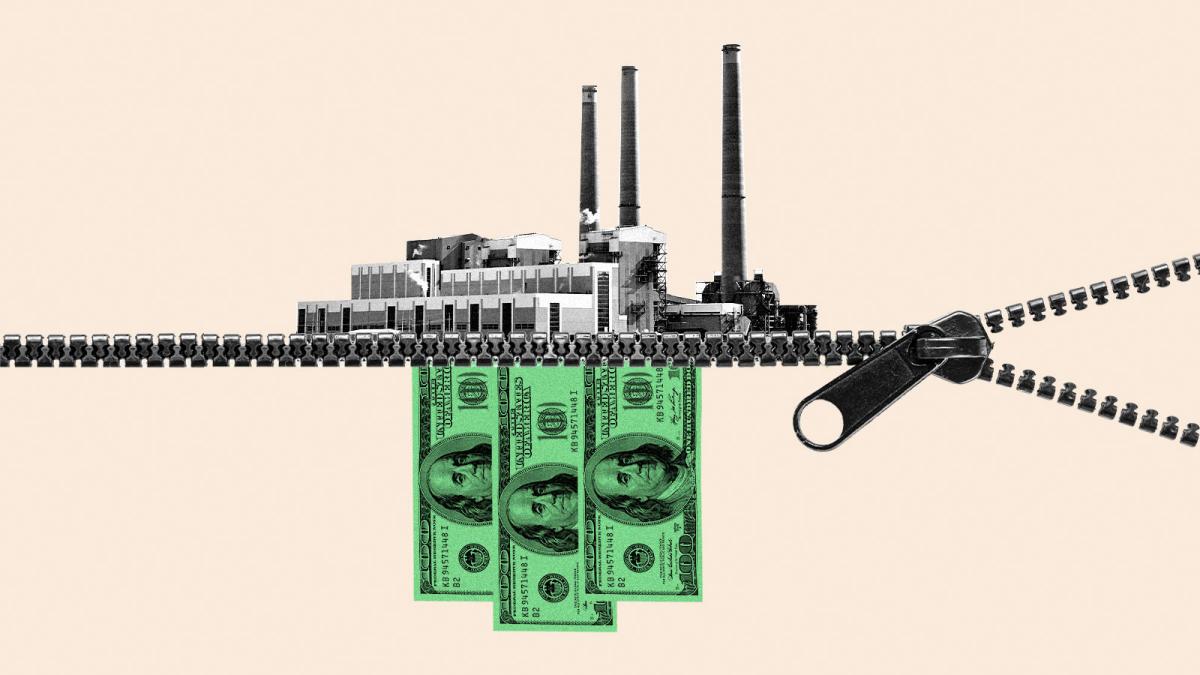 digital collage of a factory with smokestacks being separated horizontally by a zipper from three one-hundred dollar bills