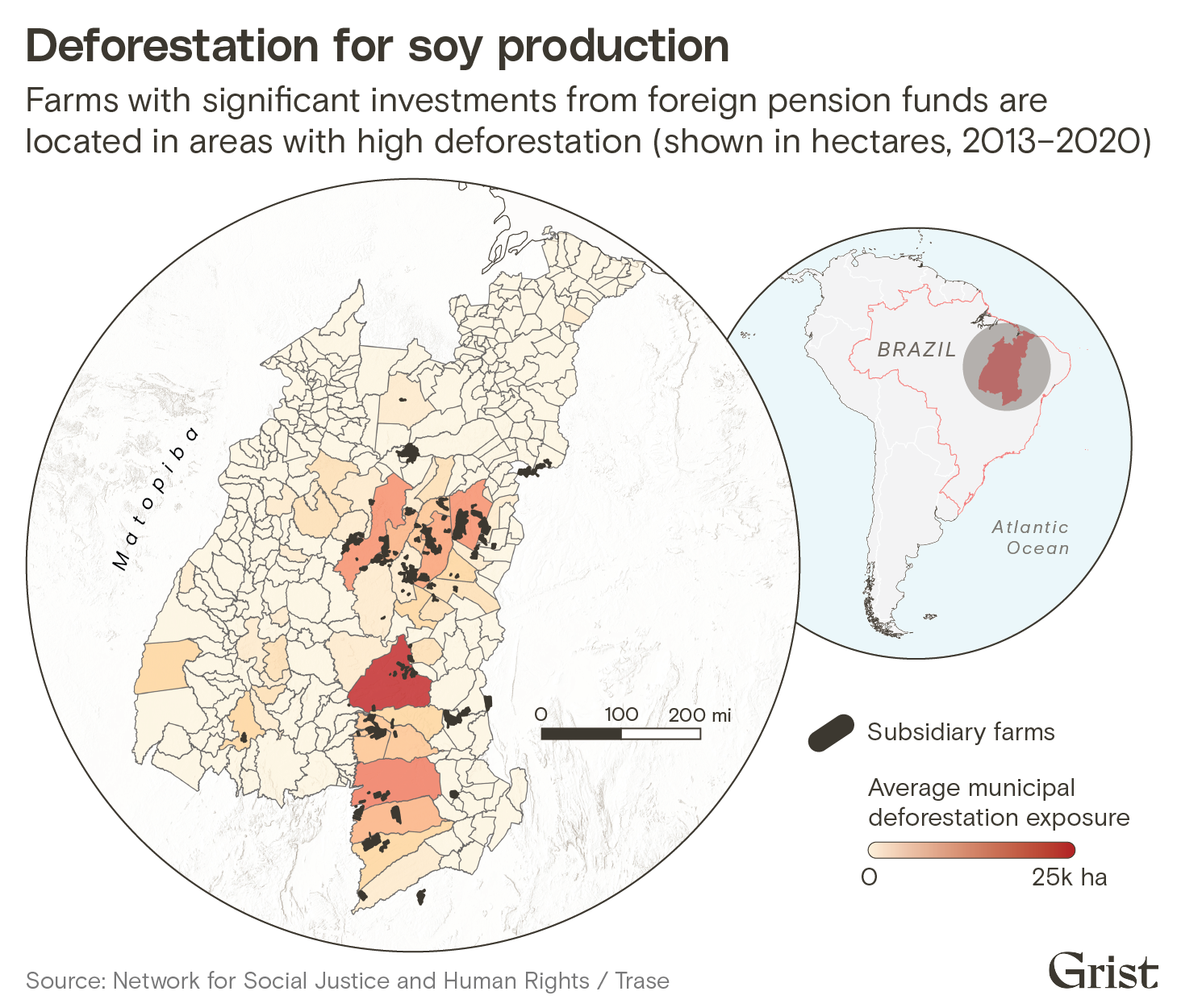 A map showing deforestation exposure in the Matopiba region of northeastern Brazil. Overlaid on the map are the locations of farms with significant investments from foreign pension funds. These farms are located in areas with high deforestation exposure.