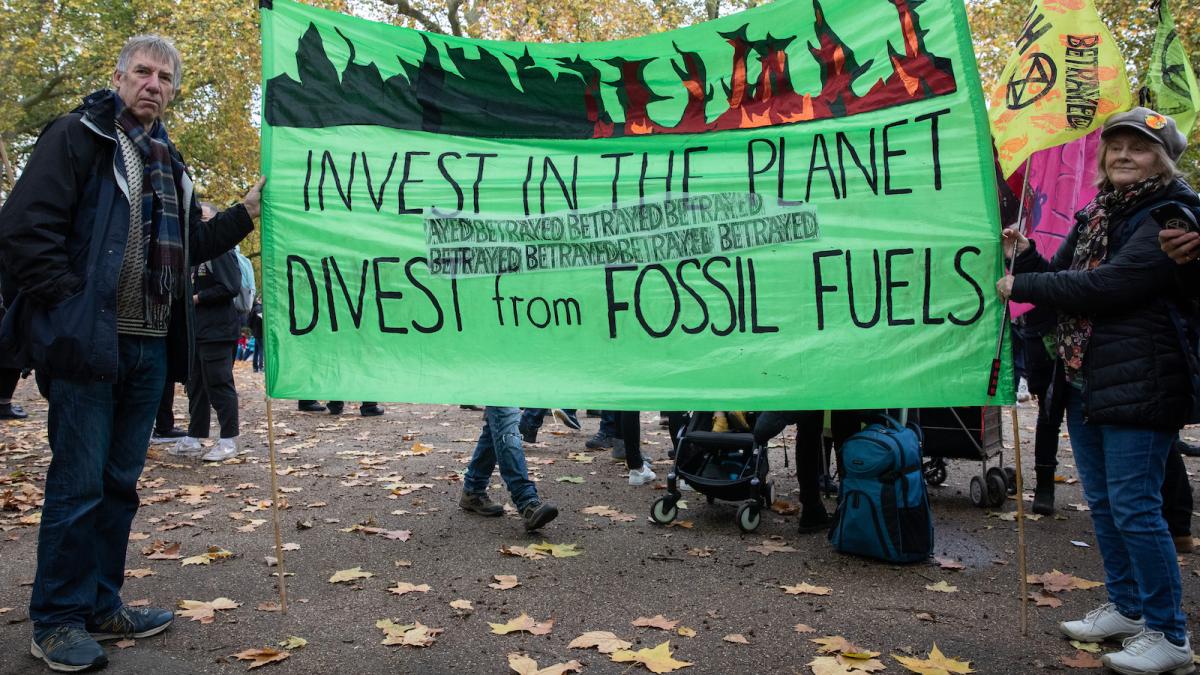 This is a photo of protestors holding a sign that says, "Invest in the planet, divest from fossil fuels."