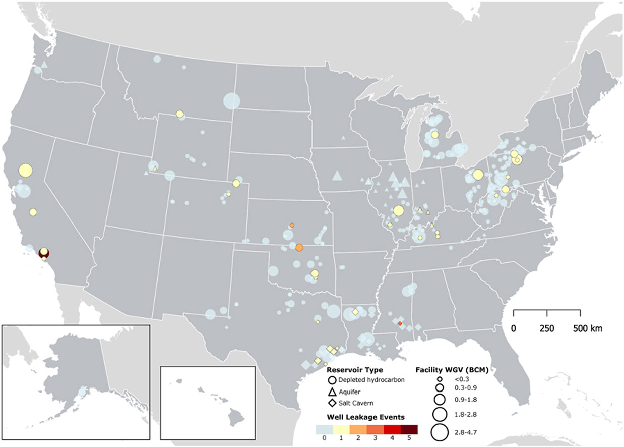 A map of underground natural gas storage facility operations and well leakage events in the United States