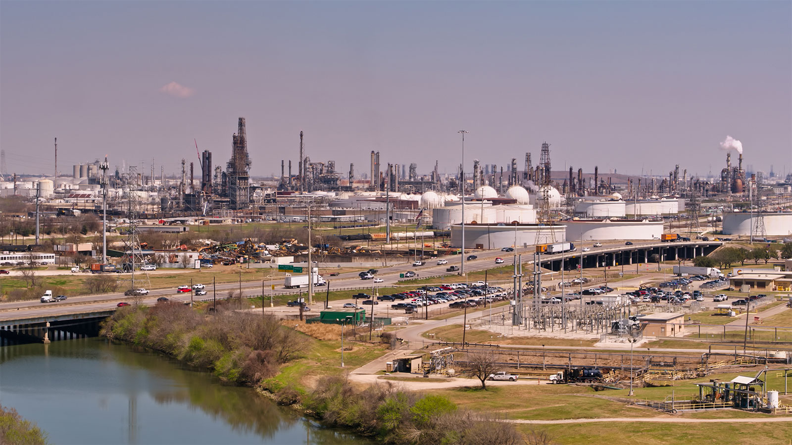 aerial view of petrochemical plants in Houston, Texas