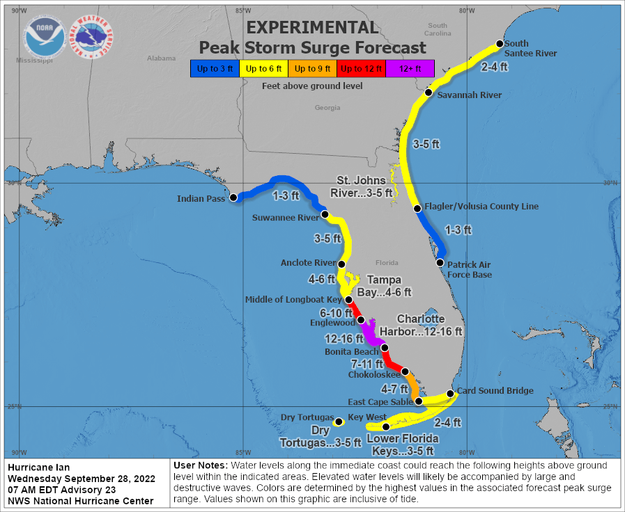 Map of Florida with color-coded outlines along the coast showing where storm surge will be most severe.