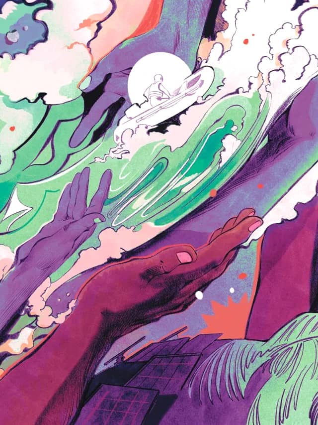 An abstract ilustration depicts hands emerging from a foamy sea, lifting up a small white boat with a figure inside