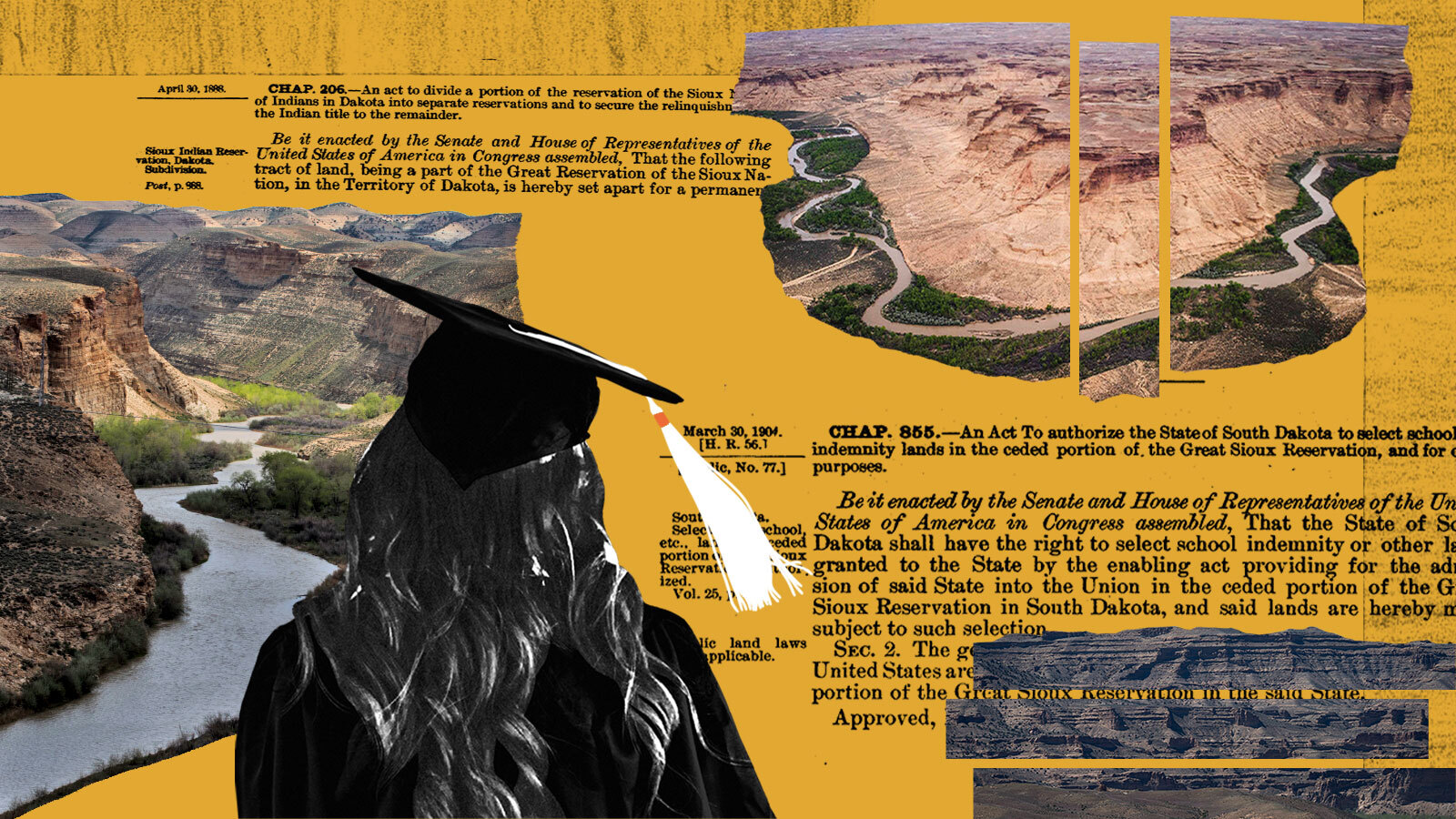 A collage with photos of land (rivers, canyons), a college graduate in cap and gown, and text. The land photos are broken into pieces and moved slightly apart.