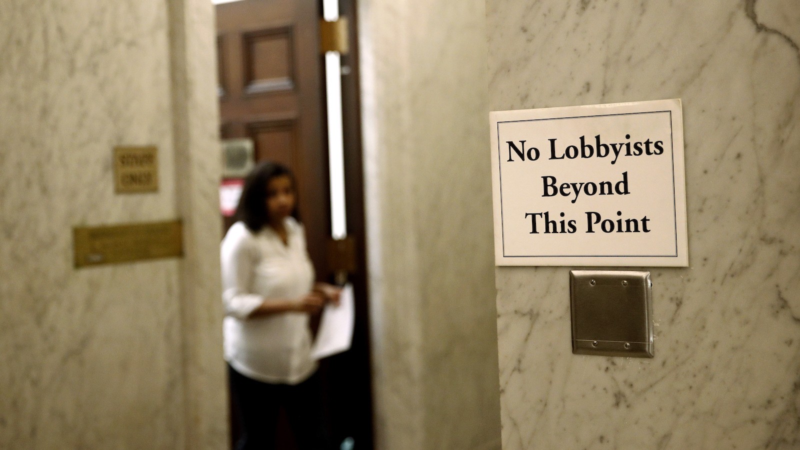 A sign warns lobbyists from entering the Maryland State Senate chamber in Annapolis, Md., Monday, April 9, 2018, the final day of the state's 2018 90-day legislative session.