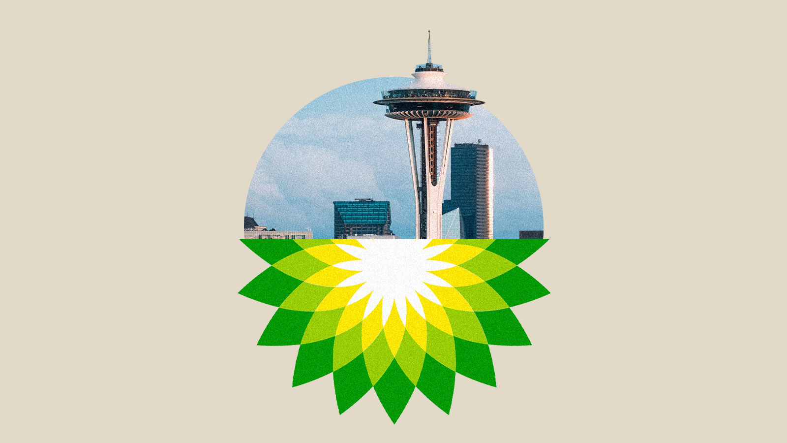 circular cutout of top half of Seattle's Space Needle on top of bottom half of BP logo