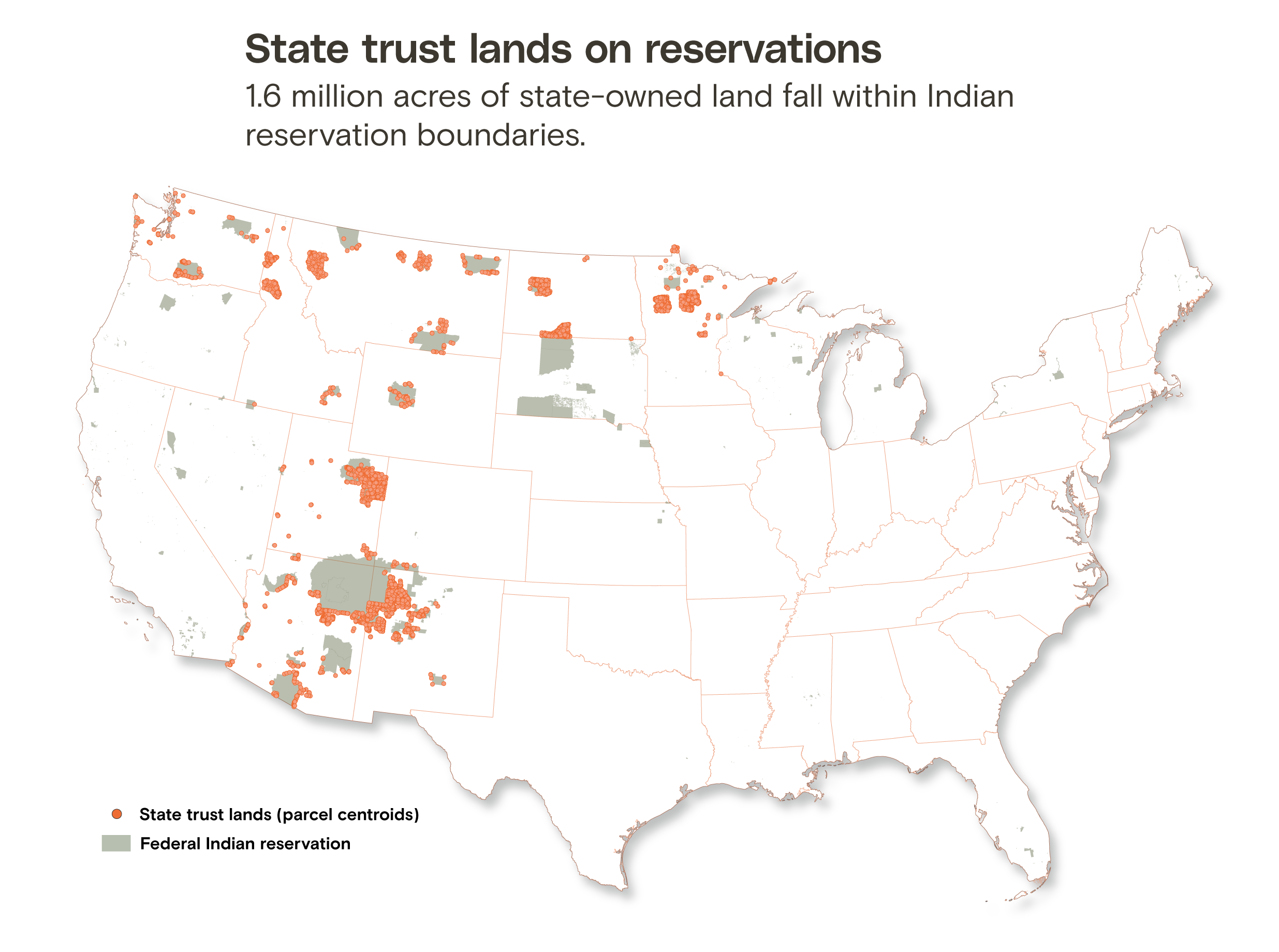 A map showing state trust lands (as parcel centroids) within Federal Indian reservation boundaries. 1.6 million acres of state-owned land fall within reservation boundaries.