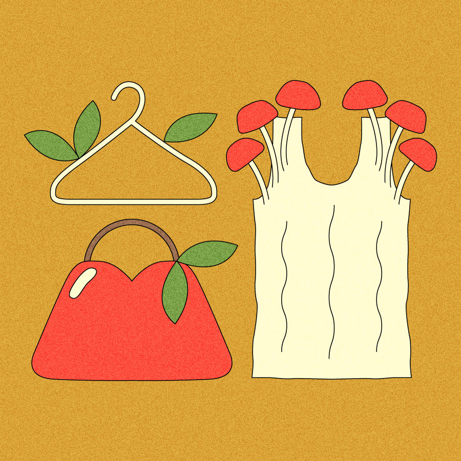 Illustration of clothes hanger spouting leaves, a purse-shaped apple, and a blouse with mushrooms growing out of the straps