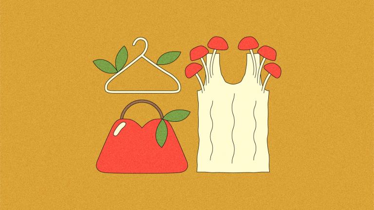 Illustration of clothes hanger spouting leaves, a purse-shaped apple, and a blouse with mushrooms growing out of the straps