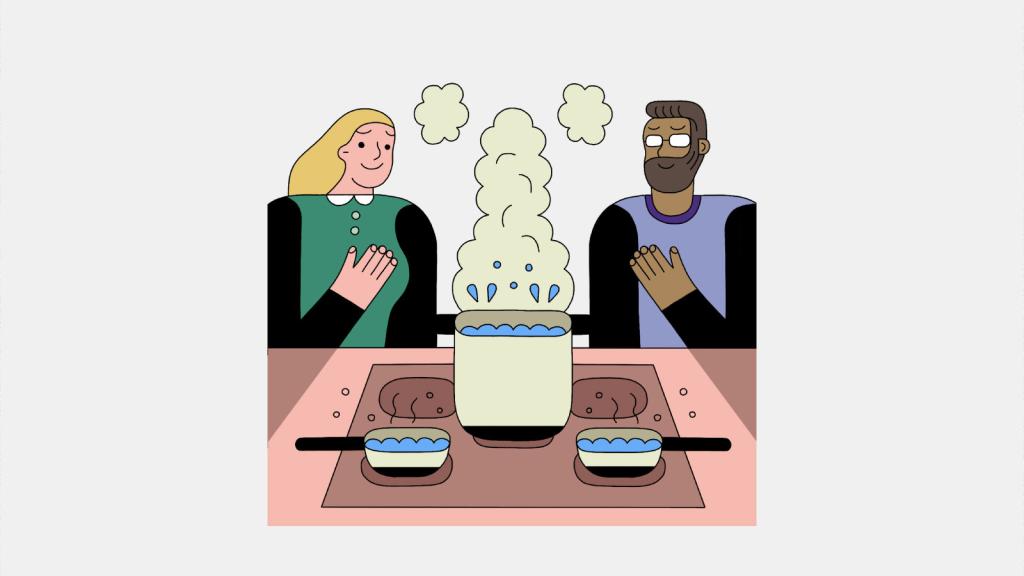 Illustration of Tik and his wife admiring their induction stove