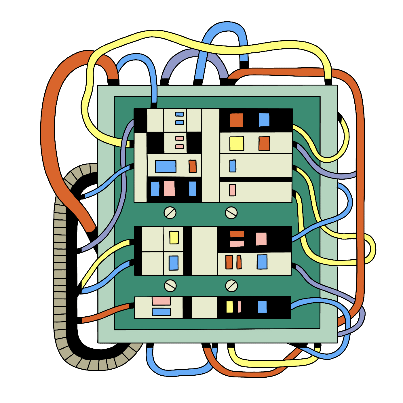 Illustration of crowded electrical panel