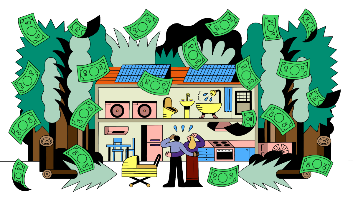 Illustration of Tik and his wife looking at their home with money flying around them