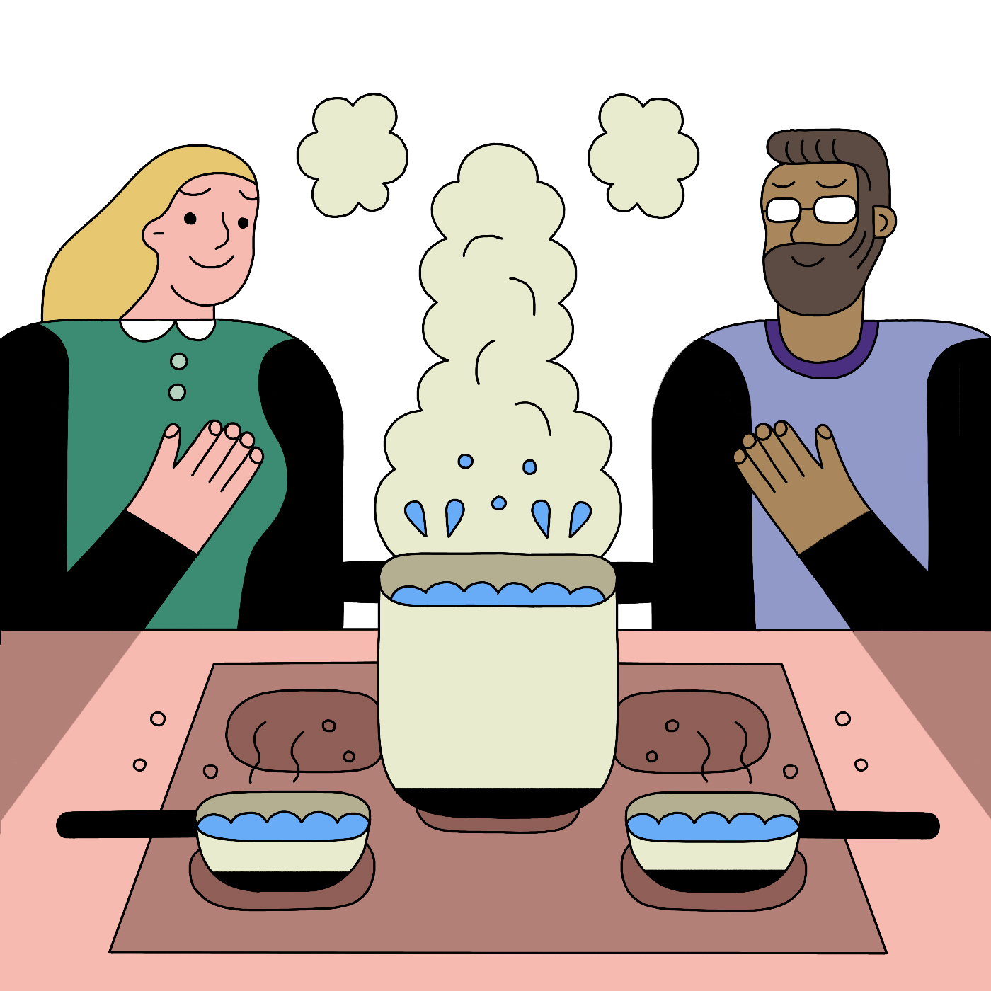 Illustration of Tik and his wife admiring their induction stove