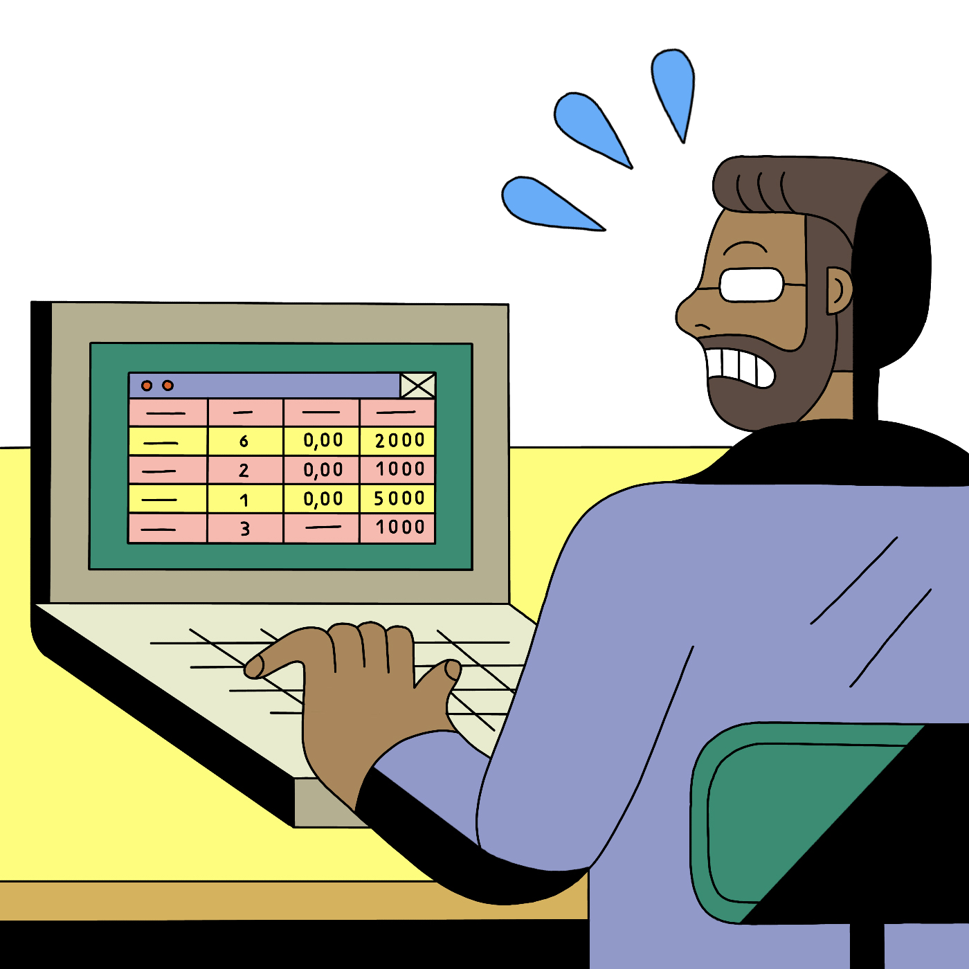 Illustration of Tik crunching numbers on his spreadsheet