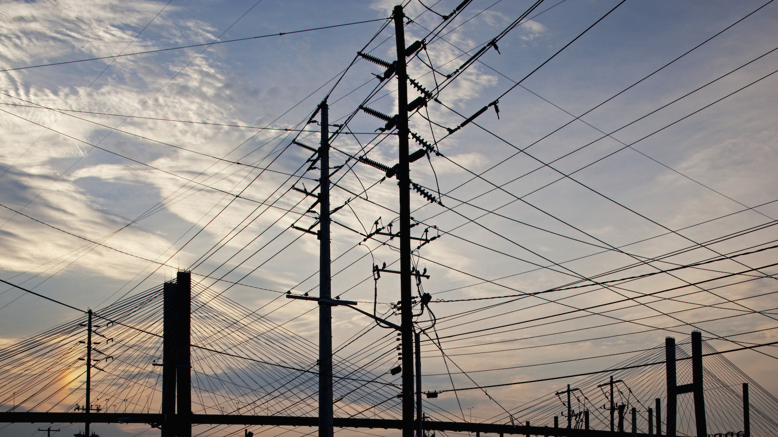 Power lines along the Savannah River at dusk form a pattern of intersecting lines with the cables of the Talmadge Memorial Bridge in the distance