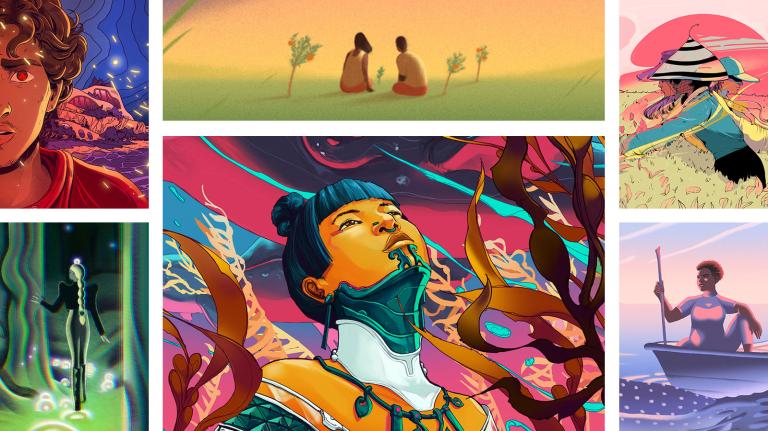 Composite of six climate fiction illustrations from previous Imagine 2200 collections. Illustrators: Stefan Grosse Halbuer, Grace J. Kim, Carolina Rodríguez Fuenmayor, Rebekka Dunlap, Taj Francis, Mikyung Lee